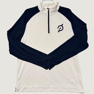 Rhone x Peloton Mens Large Quarter Zip Pullover White Navy Blue Thumbhole L/G